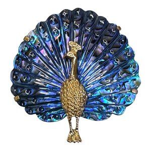 Vintage Peacock Brooch Pin Blue & Gold Tone Enamel Abalone Shell Finish MOP